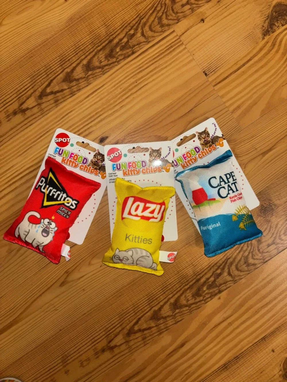 Fun Food Kitty Chips Plush Cat Toy - Red, Yellow, Blue Assortment